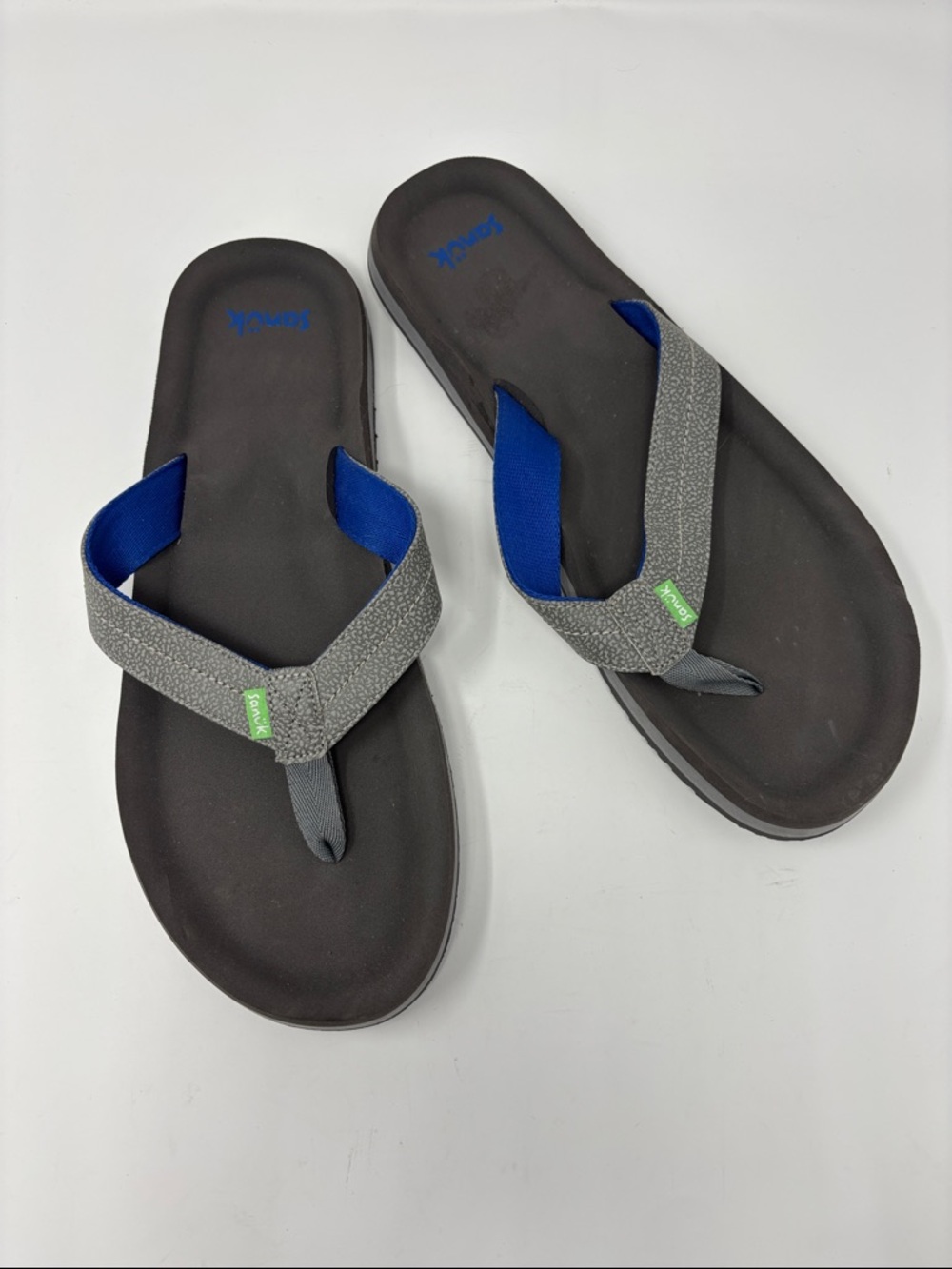 Sanuk | 12 Gray and Black Flip Flop Sandals with Blue Accents - Picture 2 of 7
